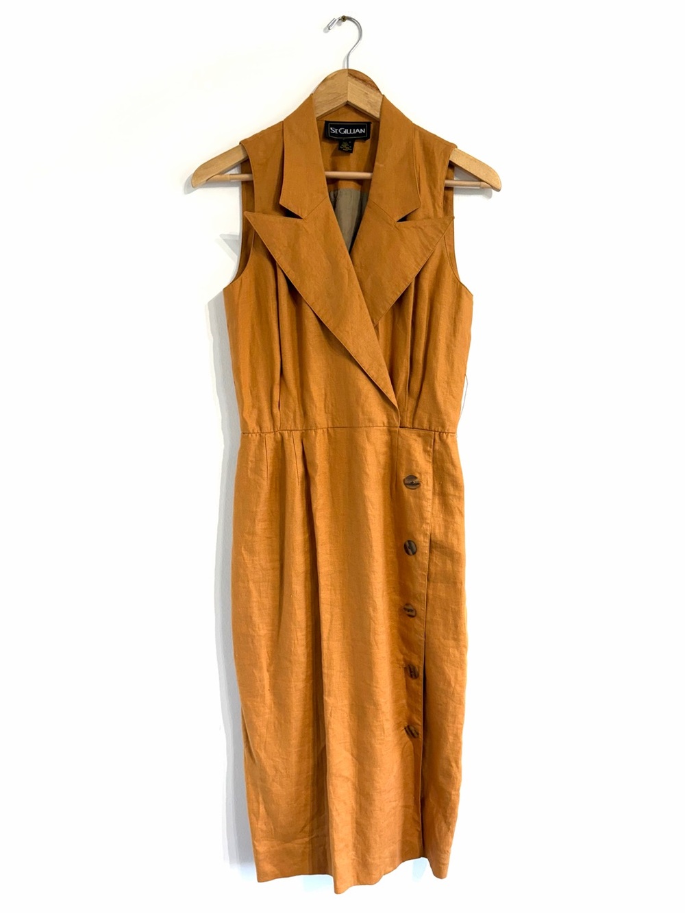St. Gillian 90s linen midi dress v-neck collar lined mustard brown